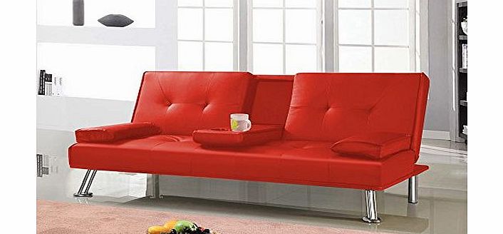  Couch Folding Sofa Bed Sofa Faux Leather Black, Dark Brown or Red w Drop down drinks table and 2 cup holders (Red)
