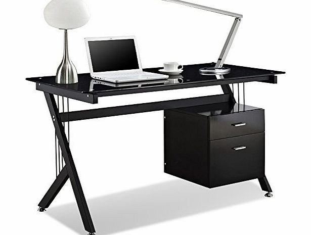 tinxs  SALE 2 Drawers Black Glass Computer Table Home Office Study Furniture