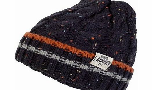 Tokyo Laundry Unisex Baroda Cable Knitted Stripe Winter Warm Beanie Hat Navy Blue One Size