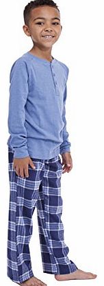 Tom Franks Childrens/Boys Pyjamas Plain Long Sleeve Top & Check Printed Bottom (6-7 Years, Blue)