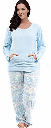 Ladies 2 Pc Fleece Pyjama Set, Fairisle Bottoms & Round Neck Top, Blue/Blush, 16/18
