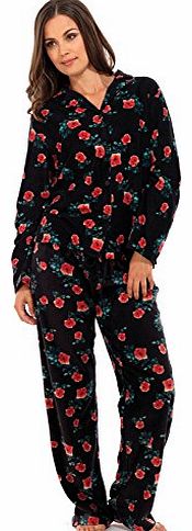 Ladies Pyjamas Flowers Flower Print Rose Warm Winter Set (16, Black Flower)