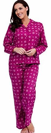 Ladies Snowflake Printed Flannel PJ Pyjama Top & Bottoms Set New - Cerise, UK 14