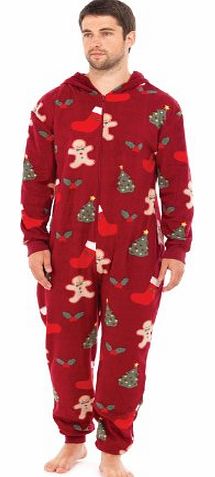 Mens Christmas Hooded Onesie All in One Fleece Sleepsuit Romper Playsuit Pyjama (RED, L/XL)