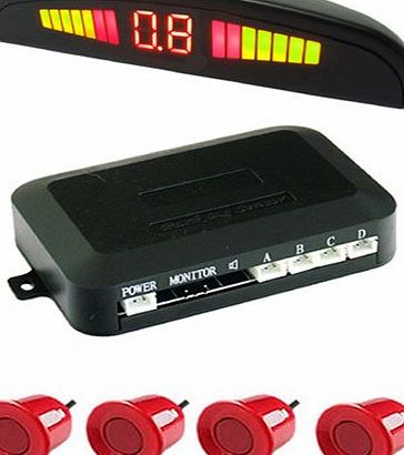 Tooltime Red Car 4 Sensor Reverse Parking Kit with LED Monitor and Audible Beep Alarm