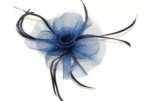 Top Brand Elegant navy blue net flower and feathers fascinator on hair clip amp; brooch pin. Ideal for weddings, ladies day, Ascot, special occasion