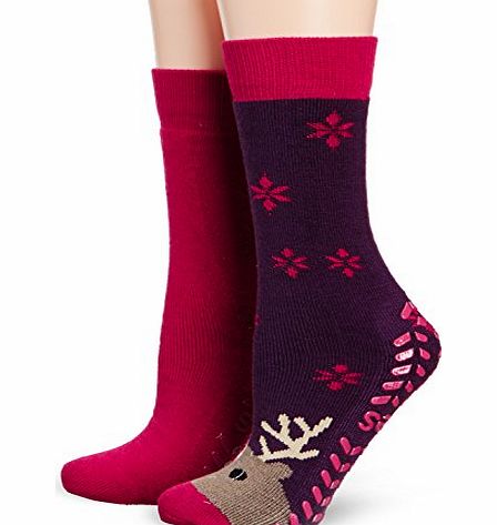 Totes Womens Ladies Original Slipper (Twin Pack) Casual Socks, Multicoloured (Reindeer/Berry), One Size