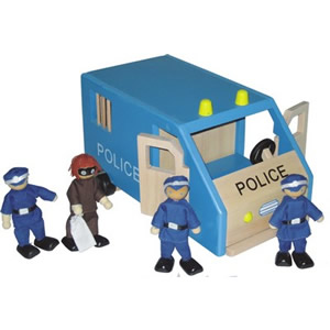 Wooden Police Van and 2 Dolls