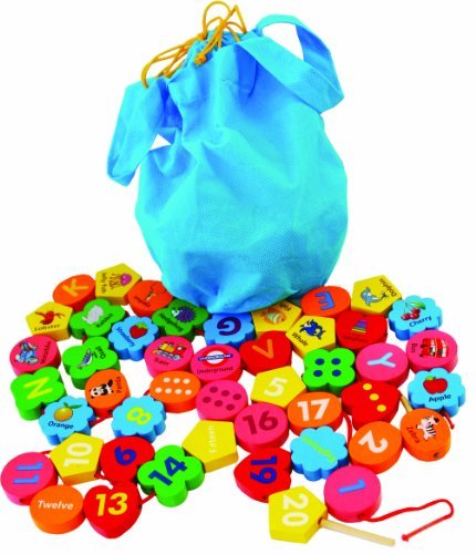 Toys of Wood Oxford Jumbo Wooden Threading Beads Alphabet Blocks and Number Blocks 46 pieces in a bag