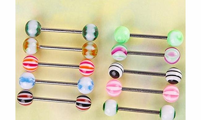TR.OD Ball Design Tongue Bar Barbell Ring Studs Body Piercing Pierced Jewelry Set of 10 Random Color