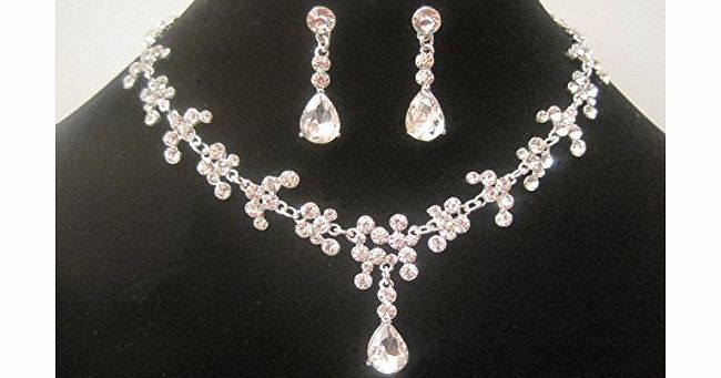 TreasureBay Delicate Floral Crystal Clear Diamante Necklace and Earrings Exclusive Designer Bridal, Proms, Parties, Everning Out Jewellery Set