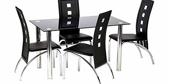 Trends Interiors Bizet Black Glass 120cm Dining Table Modern Chrome Steel Legs - Glass and Metal - Rectangular Dining Table - Contemporary Table