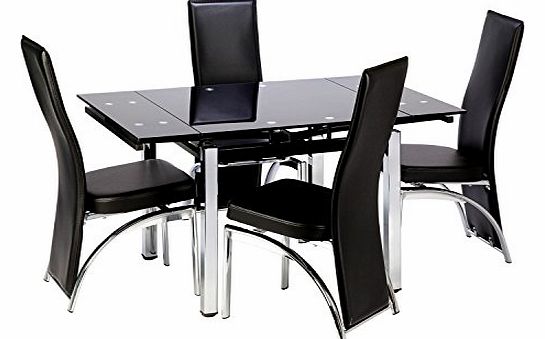 Trends Interiors Paris 125cm Dining Table Extendable Glass Top - Black Tabletop - Chrome Metal Legs - Extending Dining Table - Contemporary Table