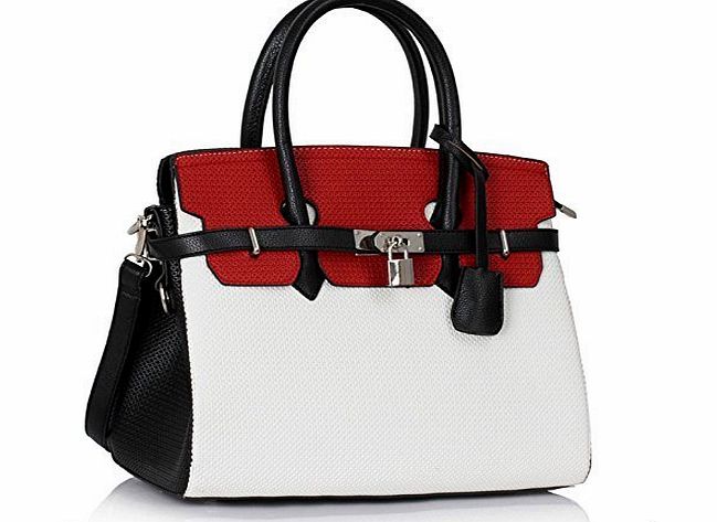 TrendStar Womens Designer Faux Leather Plain and Ostrich PadLock Tote Shoulder Bags Handbags Sale (Black/White/Red Fashion With Long Strap)