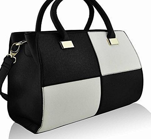 Womens Ladies Designer Faux Leather Celebrity Tote Bag Shoulder Satchel Handbag (Black & White Celebrity Fashion)