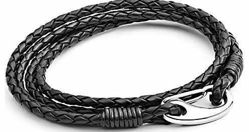 Tribal Steel Mens 21 cm Black Leather 4-Strand Bracelet with Stainless Steel Shrimp Clasp