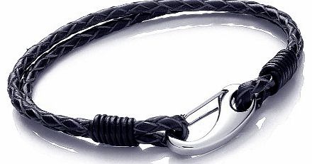 Tribal Steel Mens 21cm Black Leather 2-Strand Bracelet with Stainless Steel Shrimp Clasp