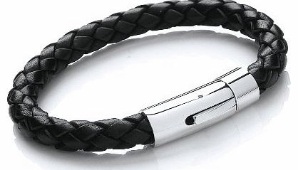 Mens 21cm Black Leather Bracelet with Stainless Steel Clasp