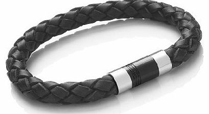 Mens 23cm Black Leather Bracelet with Ion Plated Stainless Steel Clasp