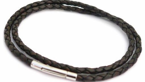 Mens Brown Double Wrap Around Leather Bracelet with Stainless Steel Clasp of 21cm