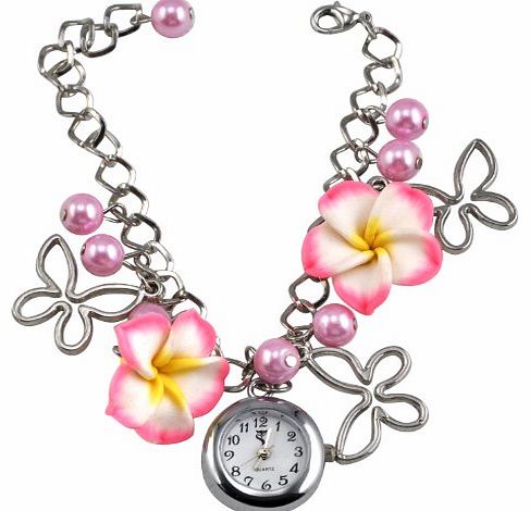 TRIXES Cute Pink Floral Wrist Watch Charm Chain Bracelet
