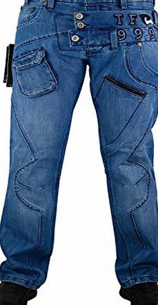 True Face Mens True Face Designer Cargo Combat Straight Regular Fit Denim Jeans Trouser (34W X 32L, TRF-014 (Light Blue))