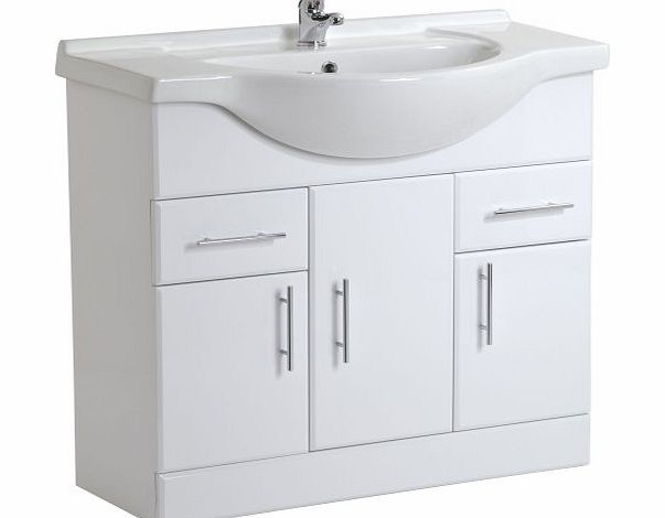 Trueshopping 850mm Bathroom White Gloss Vanity Unit Ceramic Basin Sink Cloakroom Cabinet Furniture Compact Suite Storage