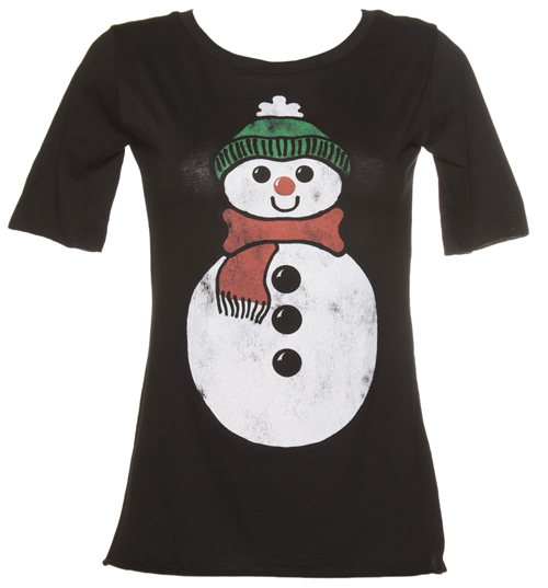 TruffleShuffle Ladies Black Snowman Christmas Slouch Scoop Neck