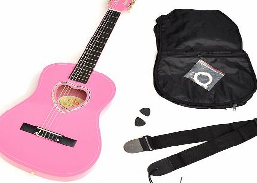 ts-ideen 5260 Childrens 1/2 Size Acoustic Guitar with Heart-Shaped Sound Hole / Case / Plectrum / Strings / Strap Pink