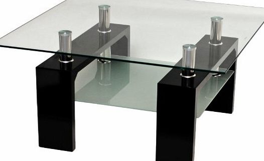 ts-ideen Design glass table in gloss black and stainless steel with 8 mm tempered glass