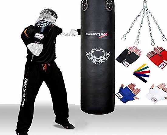 Turner Sports Genuine Cowhide Leather Punch Bag with Free Chrome Plated chain Real Leather punchbag Black 4 Feet