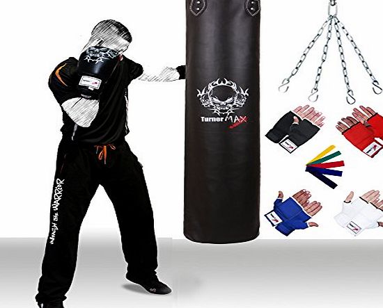 Turner Sports Kick Boxing Punch Bag Filled with Bag mitts and Chain Real Vinyl Black 5ft