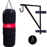 Turner Sports Kickboxing Canvas Punch Bag Filled with Free Chrome Plated chain and punchbag Wall Bracket Heavy Duty Metal with complete fitting Martial arts Black With Red Stripe 4 Feet
