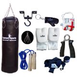 Vinyl Black Punch Bags Set 4 feet with Free Chrome Plated chain, Bag Mitts, Heavy dute Metal Ceiling Hook, Nylon Skipping Rope Blue, Boxing Glove UK Flagged Miniature and novelty, Boxing Gloves Key Ch