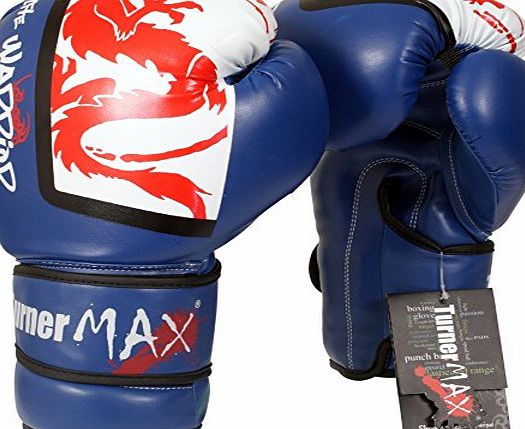 TurnerMAX Boxing Gloves Rex Leather Grappling Punch Bag Muay Thai MMA Blue White 