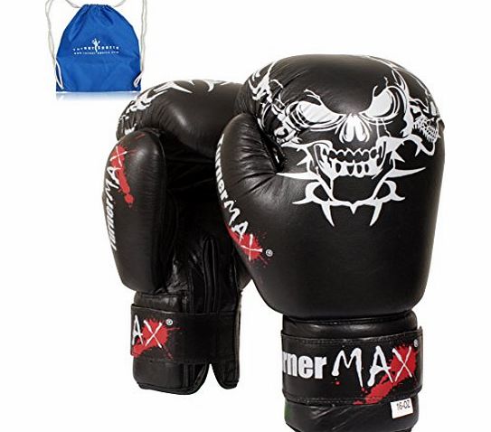 TurnerMAX Genuine Cowhide Leather Boxing Gloves Professional MMA Sparring Black, 16oz with Free Parachute Goody Bag Blue