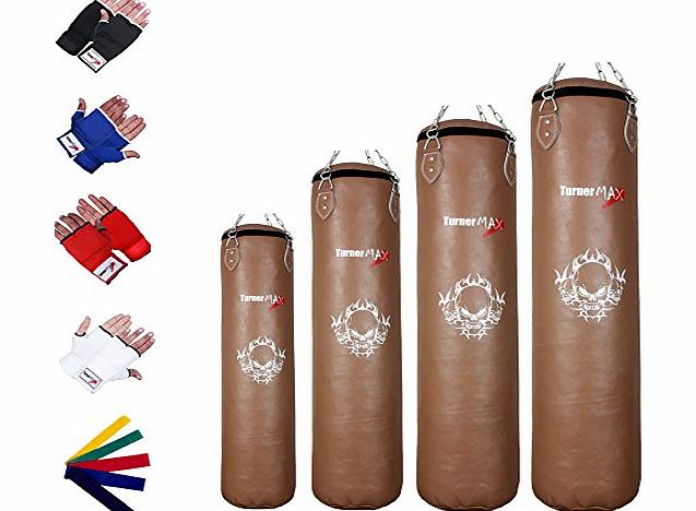TurnerMAX Genuine Leather Heavy Punch Bag FILLED with Boxing Bag Gloves and Swivel Chain Punching Bag Training MMA punchbag Natural Tan Brown 6 ft