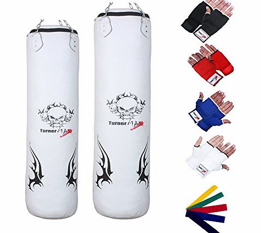 TurnerMAX Heavy Boxing Punch bag Training with Chain Bag Gloves Martial Arts MMA UFC White Black 5 FT
