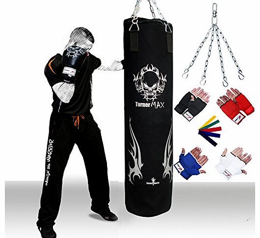 Turner Max Canvas Kick Boxing Punch bag unfilled martial Arts with Chain & bag mitts Black 4ft