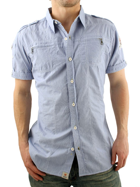 Two Stoned Blue/White Short Sleeved Biker Shirt
