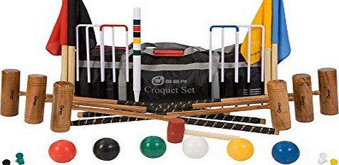 Uber Games 6 Player Pro Croquet Set with Nylon Bag - Contains 2 sizes of hardwood mallet; 2 x 34`` and 4 x 38.`` The set also includes 6 composite balls, 6 steel hoops, hoop smasher, markers, clips, flags and a ce