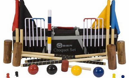 Garden Croquet Set with Tool Kit Bag - Contains 2 sizes of mallets, 2 x 34`` and 2 x 38``. The set also includes 4 wooden balls, 6 steel hoops, a hoop smasher, corner flags, croquet clips and a hardwood
