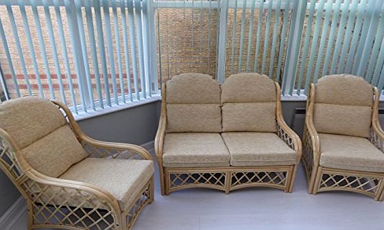 UK-Gardens Country Honey Cane Conservatory Furniture 3 Piece Set - Sofa And 2 Chairs With 13cm Deep Padded Cushions - 4 Seater Indoor Furniture - Natural Bamboo Frame