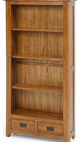 UK-Gardens Rustic Solid Oak Tall Bookcase 4 Shelves 2 Drawers 89x30x190 Large Wide Lounge Indoor Furniture