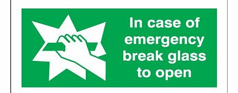 UK Safety Signs 50 x 100 mm in case of emergency break glass 1.2 mm rigid plastic signs with self adhesive backing.