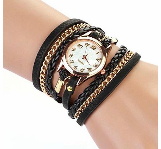TM)1PC Leather Strap Braided winding Rivet Bracelet Watches Wristwatch (Black)