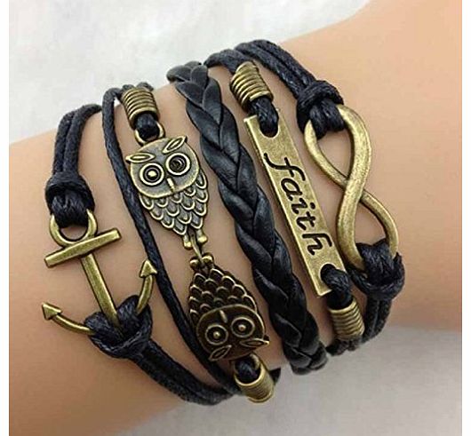 Ukamshop TM)Vintage Antique Bronze Anchor Rudder Owl Charms Leather Rope Bracelet Wristband