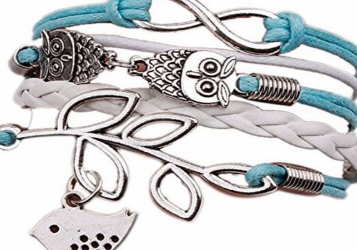 Ukamshop TM)Vintage Handmade Infinity Silver 8 Owl Leaf Bird Leather Bracelet Wristband