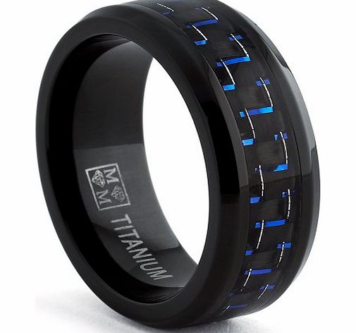 Ultimate Metals Co. Black Titanium Wedding Band Ring with Black and Blue Carbon Fiber inlay, Comfort fit 8mm, Size Y