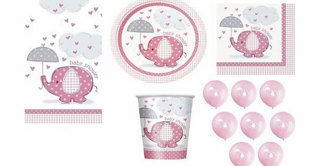 Umbrellaphants PINK FOR GIRL BABY SHOWER PARTY TABLEWARE PACK UMBRELLAPHANTS DESIGN NAPKINS PLATES CUPS TABLECOVER BALLOONS 57 ITEMS